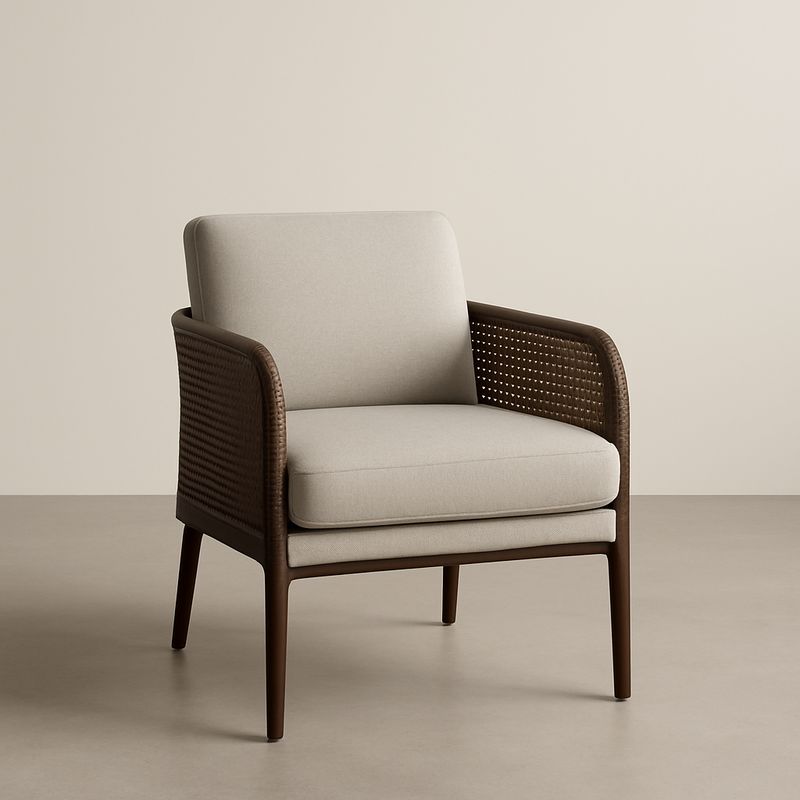 Sessel Leinenbezug Holzgeflecht Braun Beige