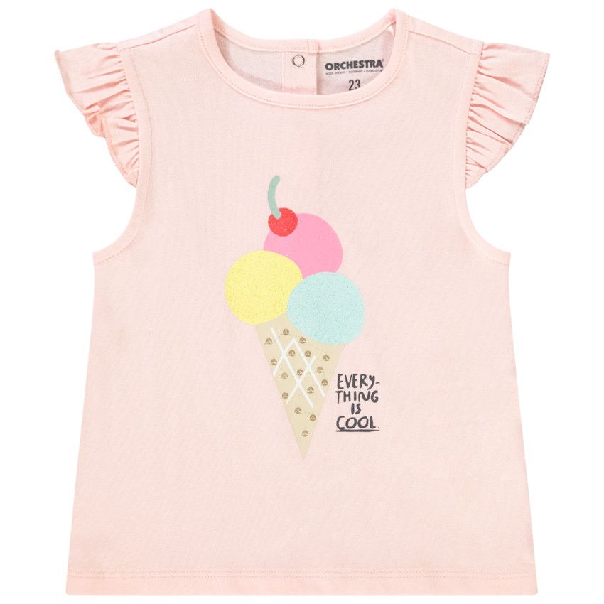 T-shirt manches courtes volantées en jersey avec print pour bébé fille - Rose