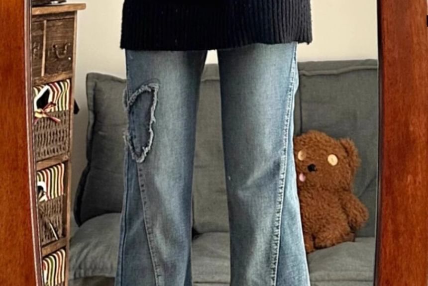 Kloitrinm - Mid Waist Butterfly Applique Washed Flared Jeans