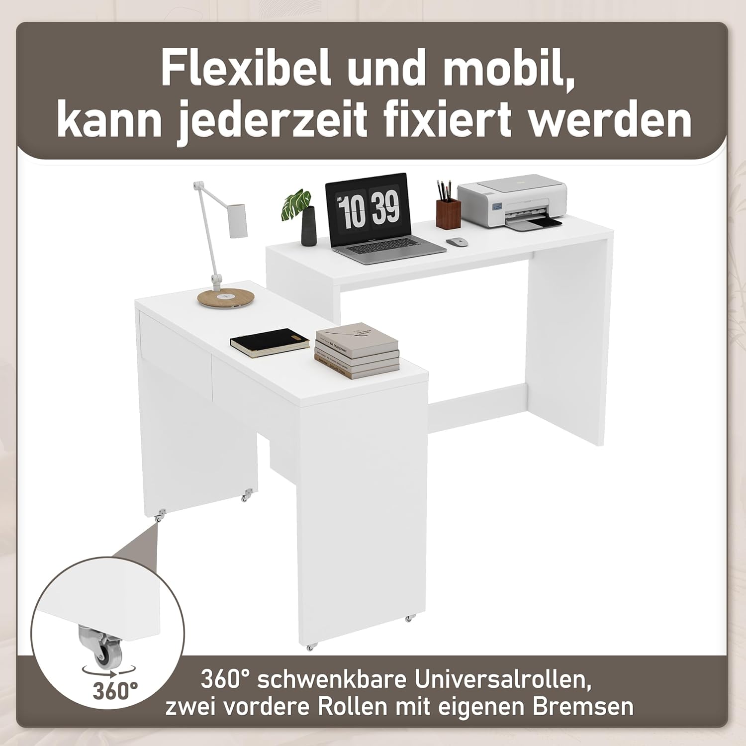 Faltbarer Schreibtisch, Schreibtisch mit Schubladen, Eckschreibtisch, Sideboard, Regalschreibtisch, 2-in-1 Kompaktschreibtisch, Ausziehbar, Rollen Ausgestattet, 110×40×78cm (Weiß)