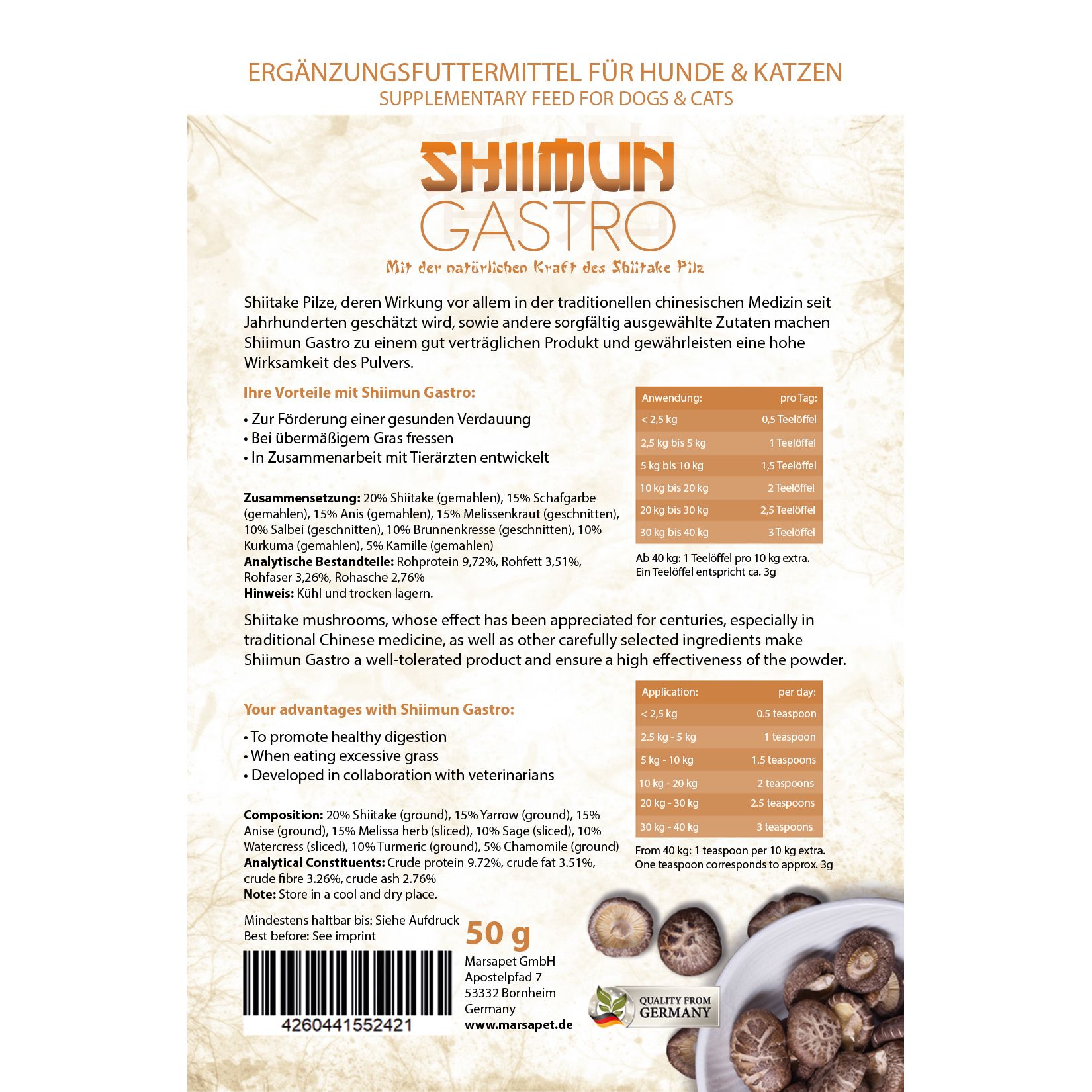 Marsapet Nahrungsergänzung für Hunde und Katzen mit Shiitake - Shiimun Gastro Pulver
