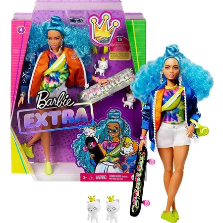 Barbie Extra Puppe mit blauen Haaren und Skateboard, inkl. Haustier