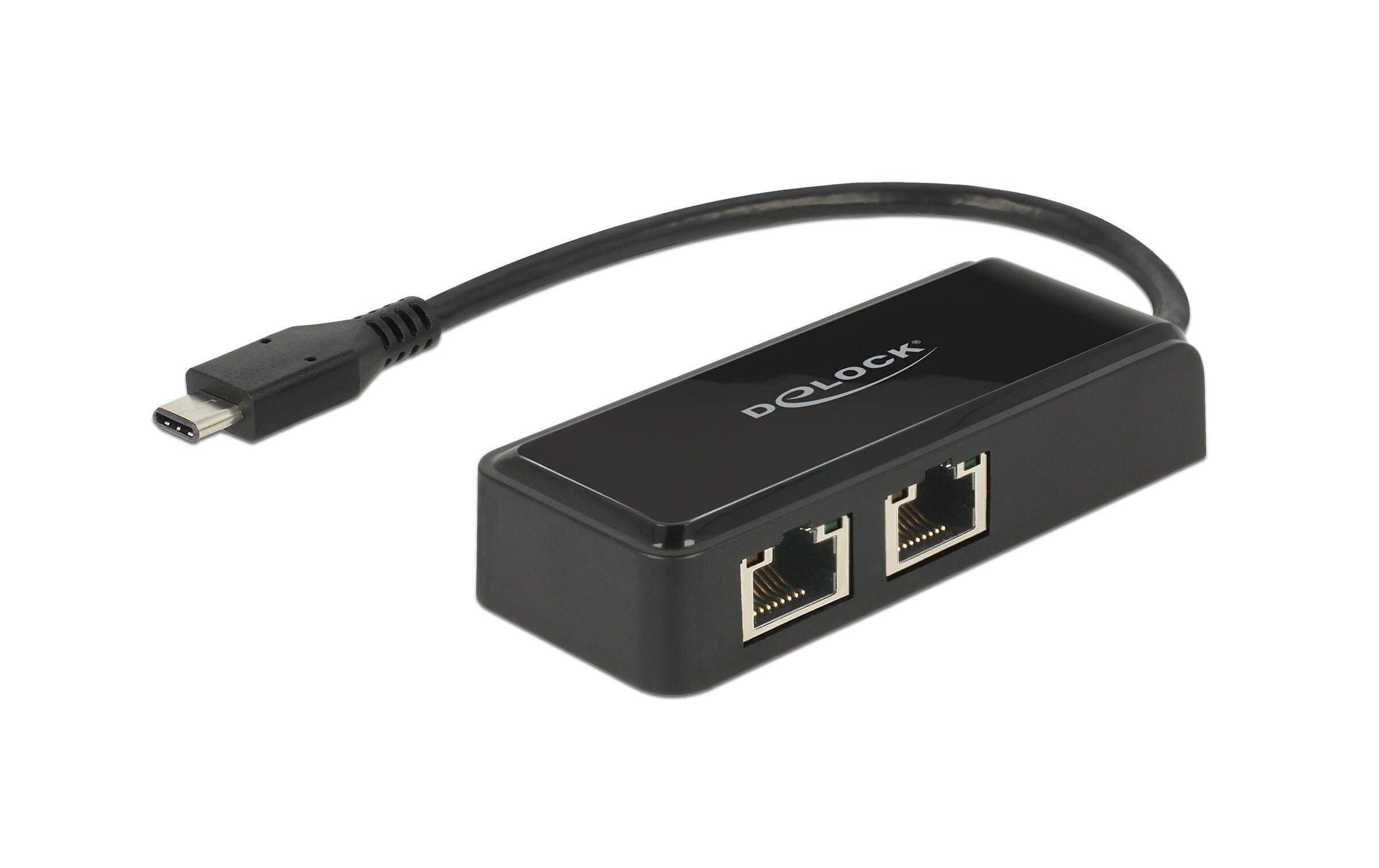 Netzwerk-Adapter USB-C - 2xRJ-45 1GbpsDelock Adapter SuperSpeed USB (USB 3.1 Gen 1) mit USB Type-C Stecker zu 2 x Gigabit LAN 10/100/1000 Mbps