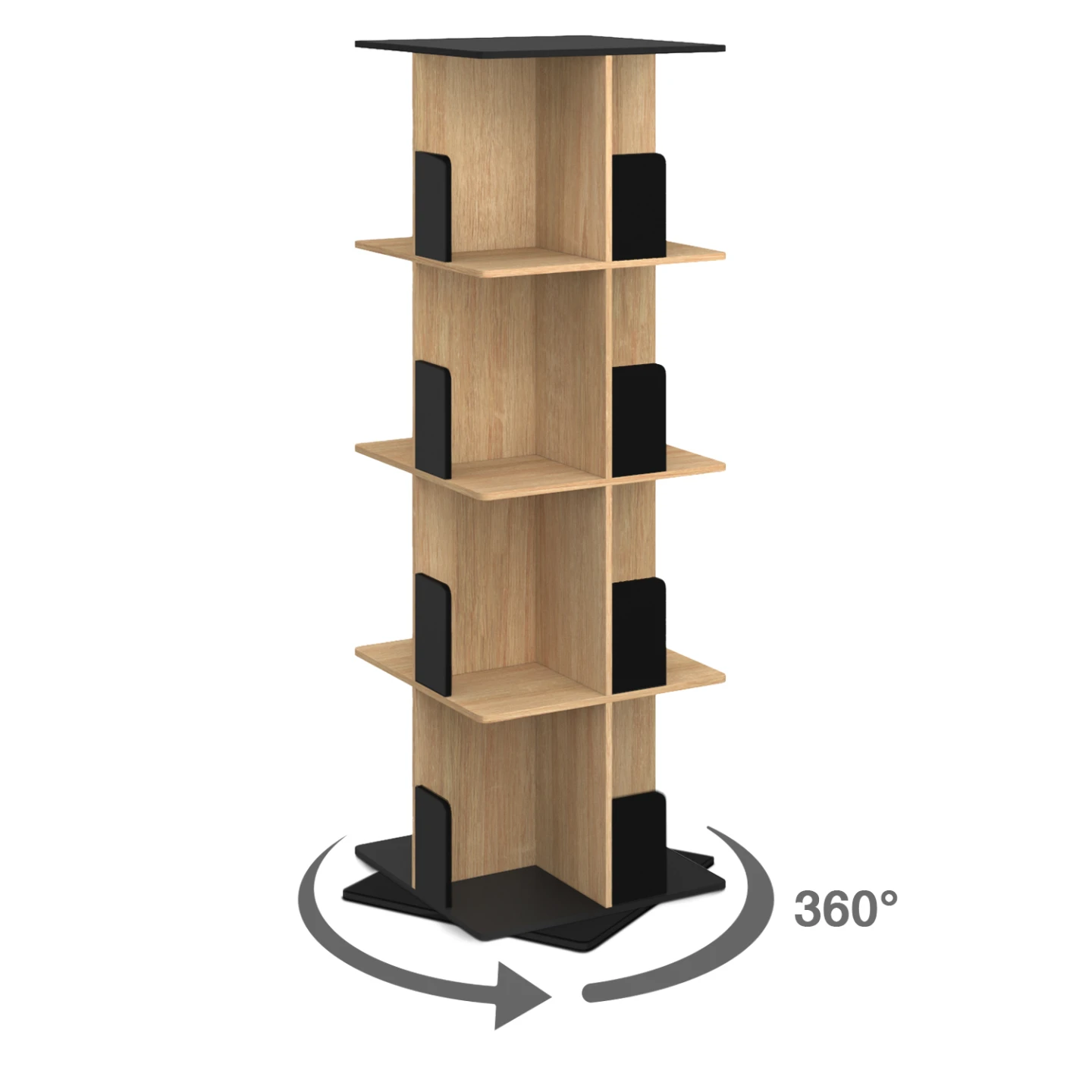 Etagère bibliothèque rotative 4 niveaux RAPHA noir et effet bois