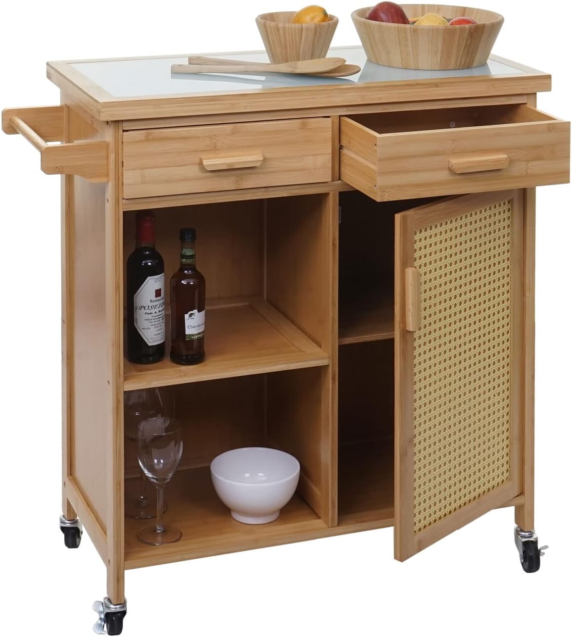 Mendler Servierwagen HWC-K11, Küchenwagen Barwagen Rollwagen, Griff Schublade Arbeitsplatte 85x84x36cm Bambus, braun
