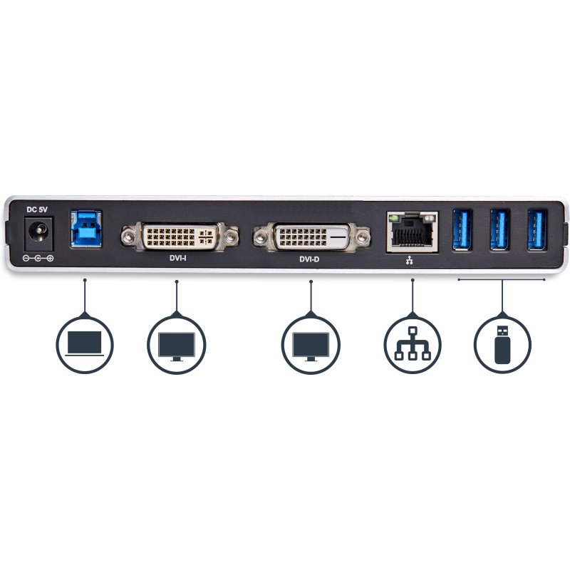 StarTech.com Station d'Accueil USB 3.0 pour Deux Écrans avec Adaptateurs DVI vers VGA et HDMI, 5x USB 3.0 et Audio - Station d'Accueil DVI Verticale pour Mac et Windows
