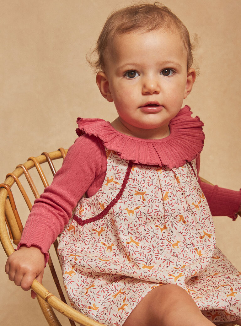 Robe chasuble écrue en twill à imprimé fleuri et renards