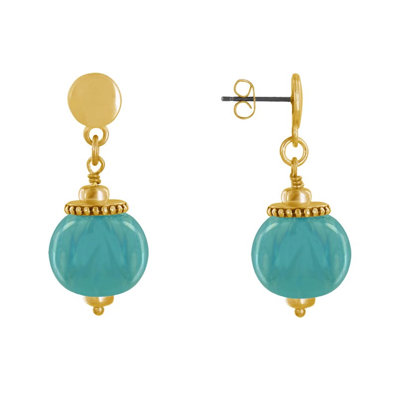 Boucles d'Oreilles Clous Métal Doré et Grosses Perles en Céramique