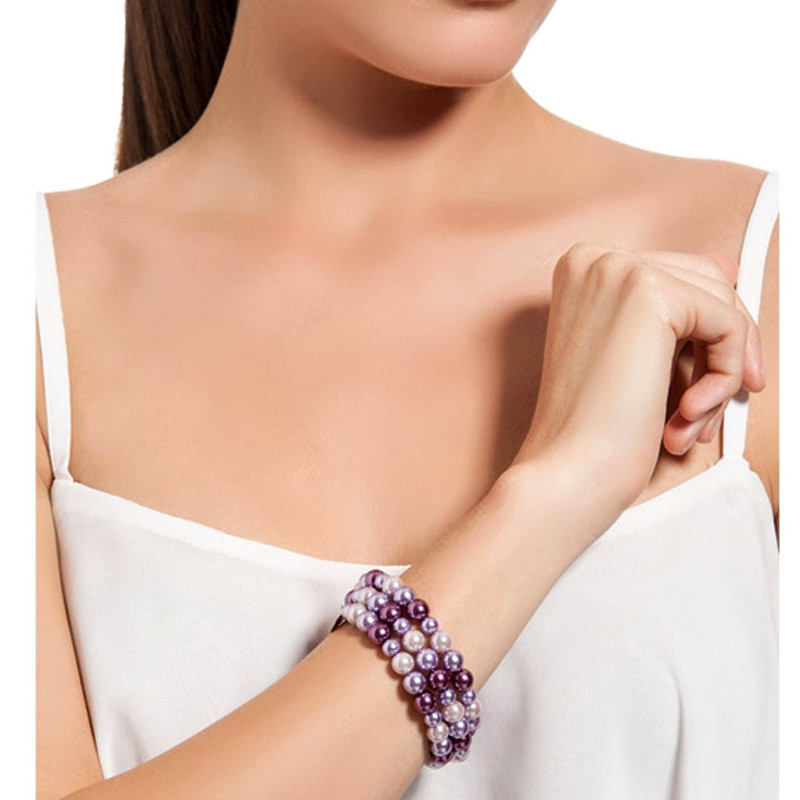 Bracelet 3 Rangs en Perles Roses et Plaqué Rhodium