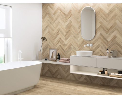 Wandtegel van steengoed, afmeting 7,5 x 30 x 0,9 cm, cederbeige mat