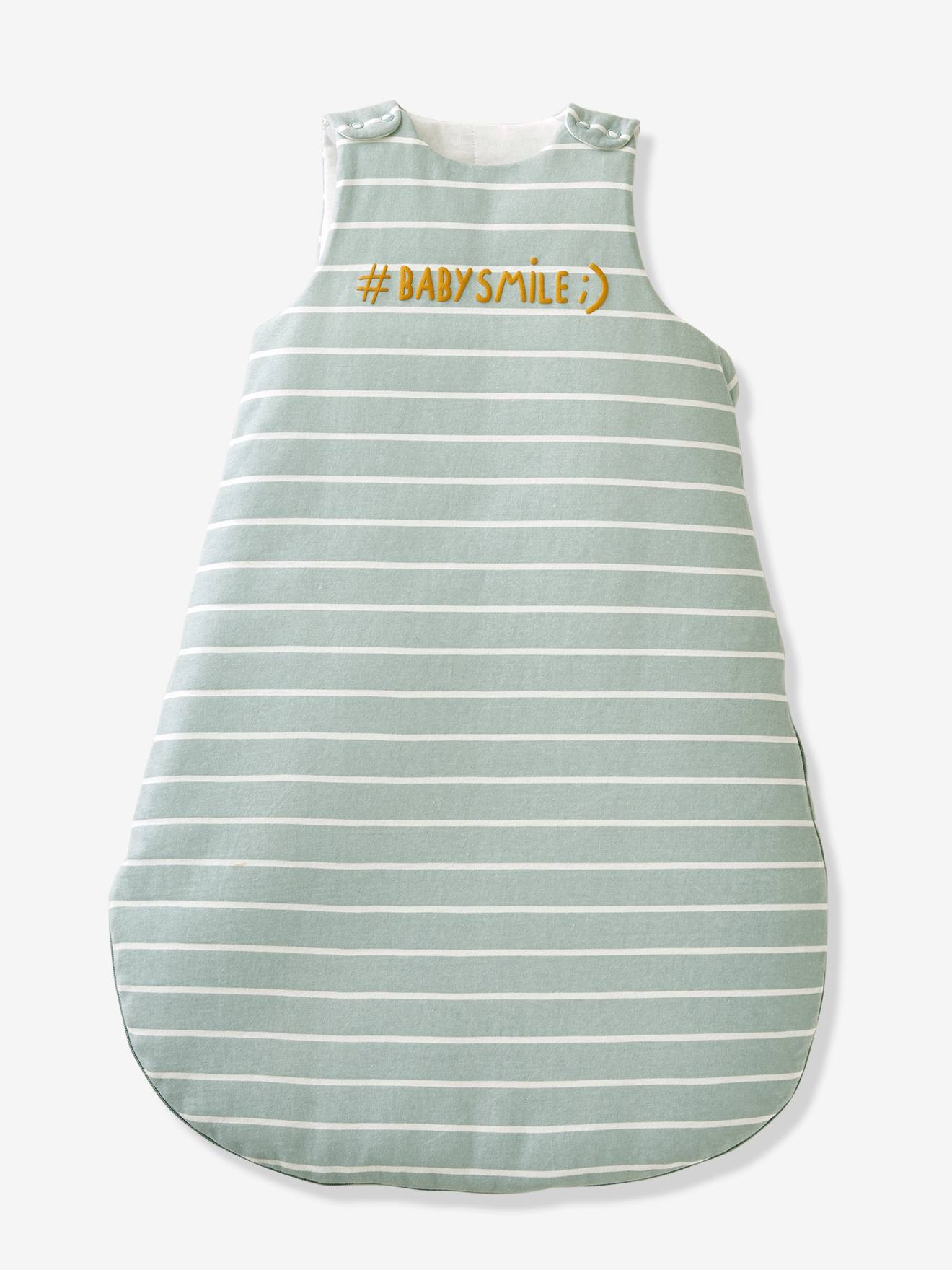 Saco de dormir para bebê sem mangas, listrado em cinza claro.