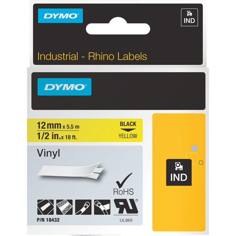 Ruban vinyle Dymo Rhino 12 mm 18432 jaune écriture noire
