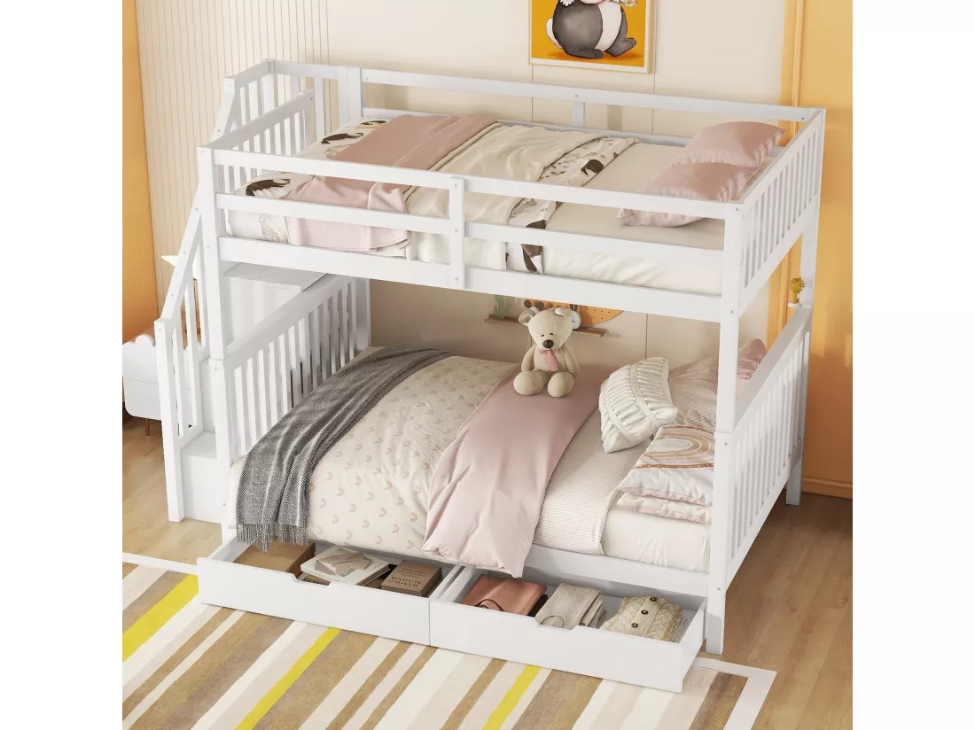 Lits superposés 2 x 140 x 200 cm pour enfant - étagère d'escalier + 2 tiroirs - bois MDF - Blanc