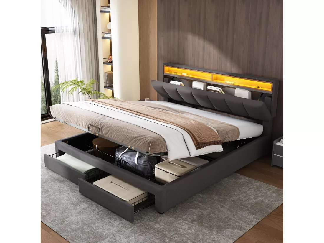 Lit coffre avec 2 tiroirs et tête de lit escamotable - 160 x 200 cm - LEDs - Acier et lin - pour audulte - Gris
