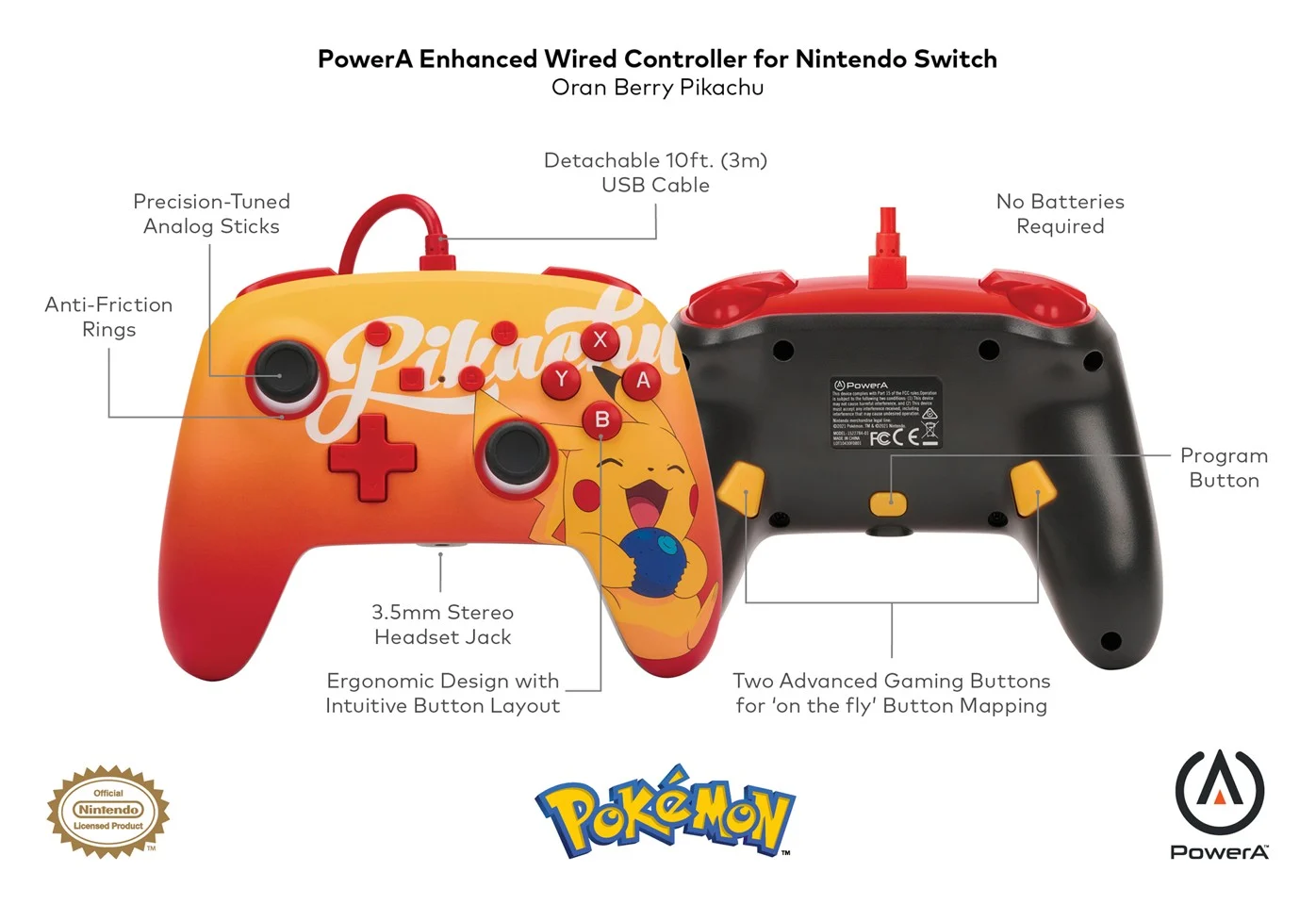 PowerA NSW ENH Wired Controller - Oran Berry Pikachu /Nintendo Switch