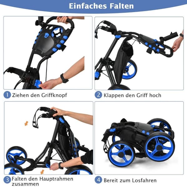 Golfvogn 4-hjuls Golfvogn Golfvogn Golf sammenleggbar Golf Caddy Golf Push Cart laget av aluminium blå