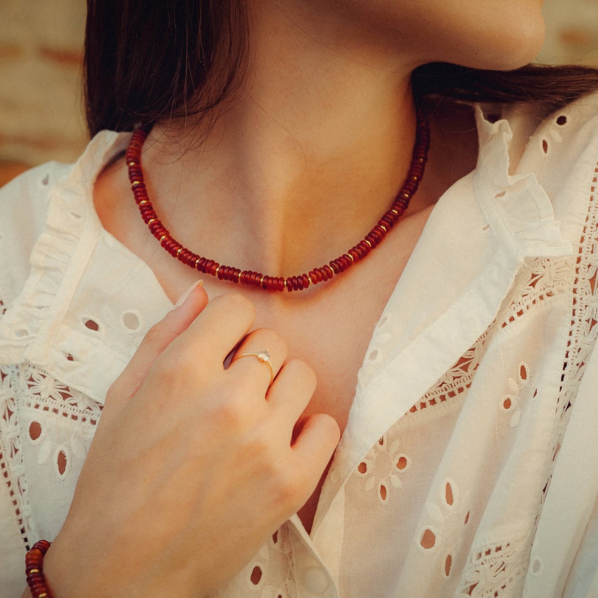 Collier, bracelet et boucles d'oreilles Blima en pierres Agate rouge