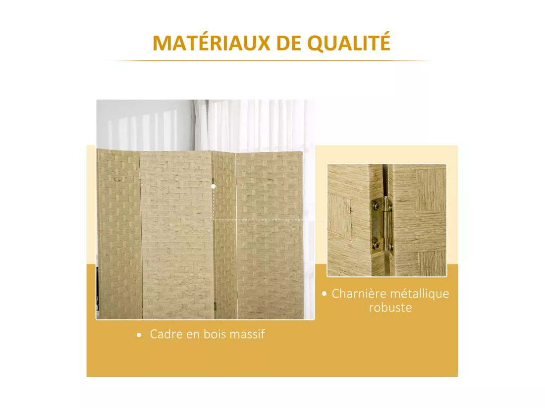 Paravent intérieur 4 panneaux pliables séparateur de pièce bois de pin fibres de papier tressé naturel