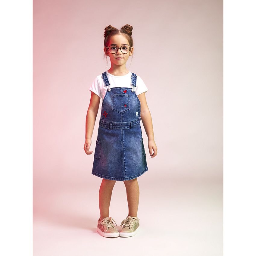 Robe salopette en jean avec broderies pour fille - Bleu