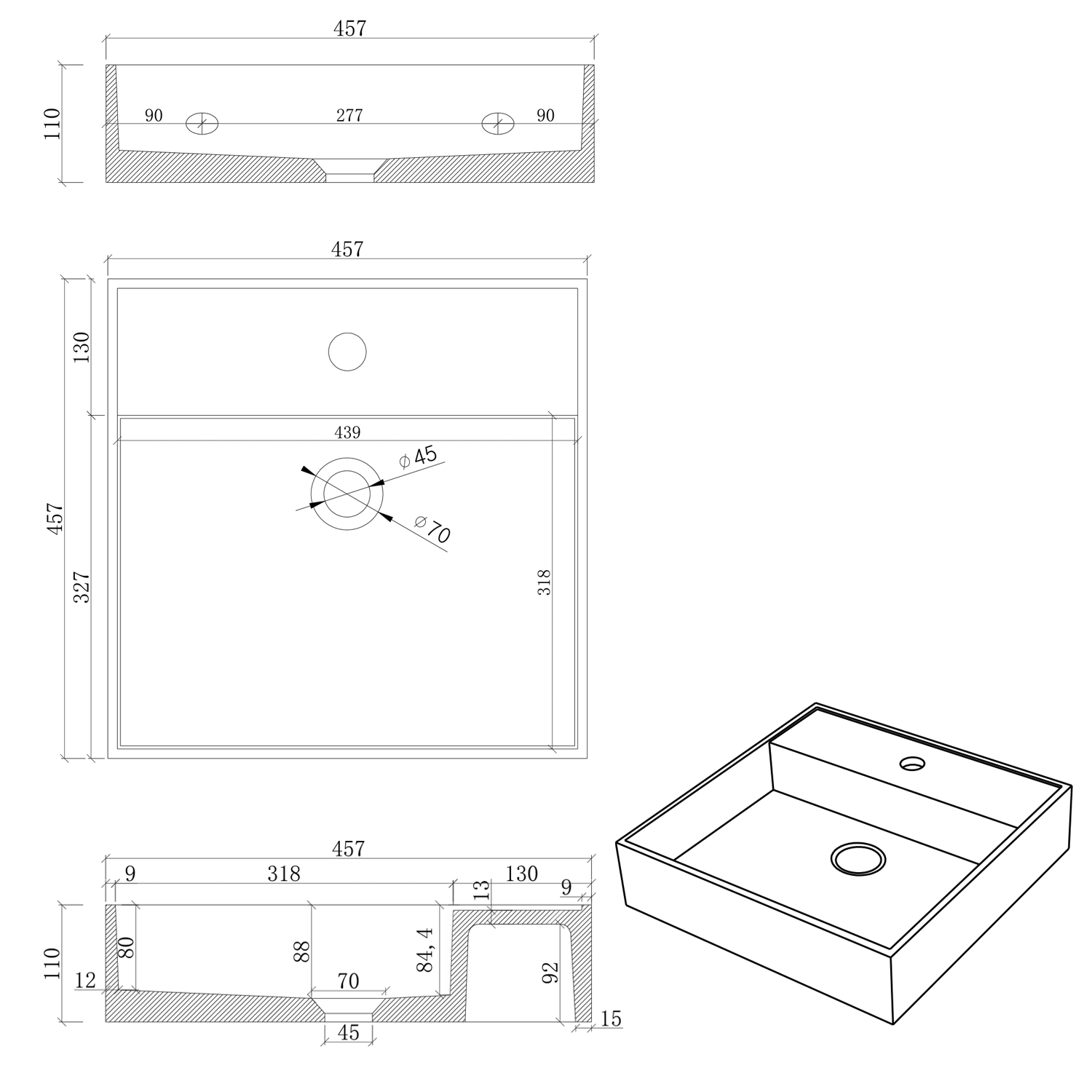 Sapho Quadrado betonnen wastafel 46x46cm wit zandsteen