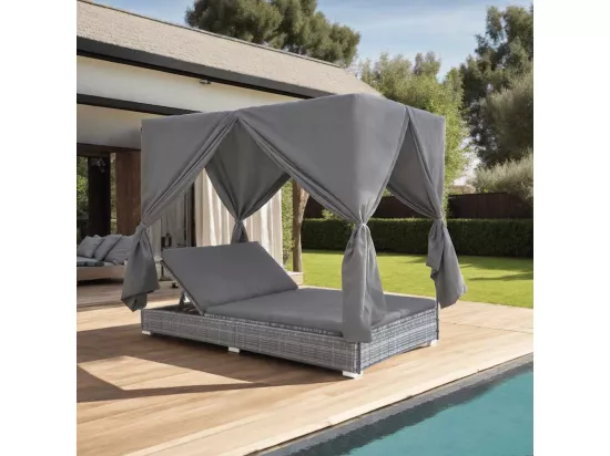 Chaise longue d'extérieur avec rideaux Résine tressée Gris