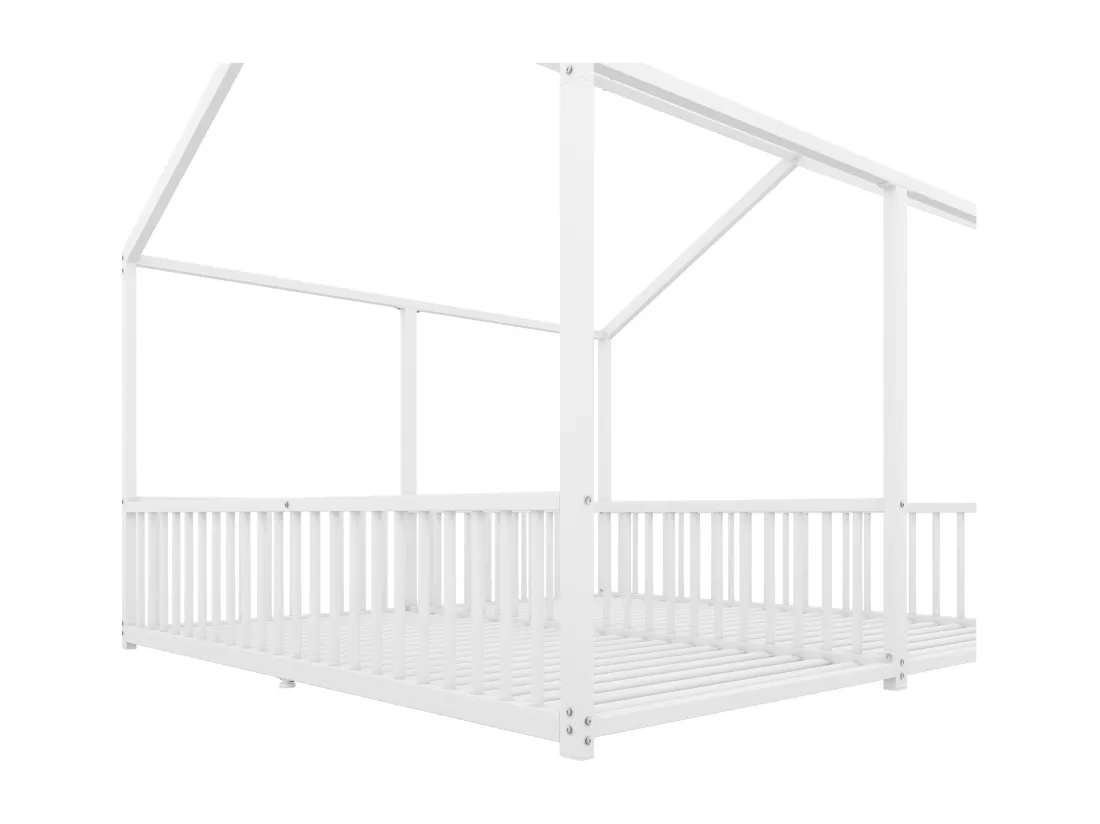 Lit cabane en fer 2x90x200cm - avec toit et sommier à lattes - Blanc