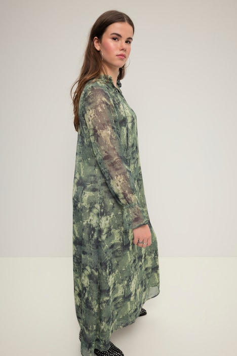 Maxikleid, A-Line, Chiffon, Allover-Print, Rüschenkragen, Langarm