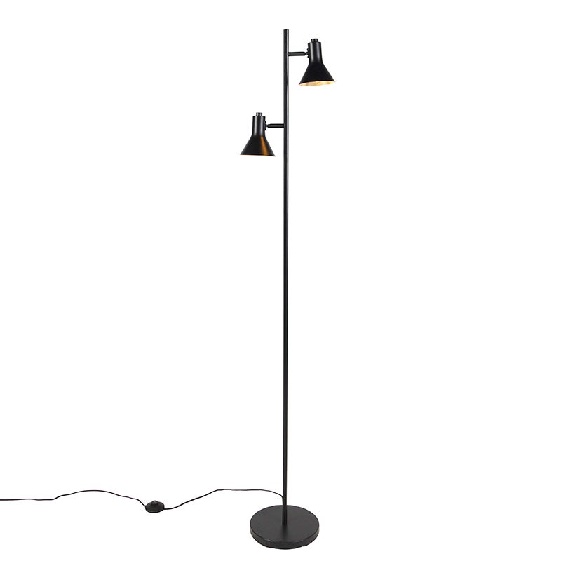 QAZQA - Moderne vloerlamp | Staande lamp | Vloerlamp | Lamp | Lamp, zwart met 2 gouden | Messing lampen - Magno | Woonkamer | Slaapkamer - Staal, langwerpig - LED-compatibel, E14