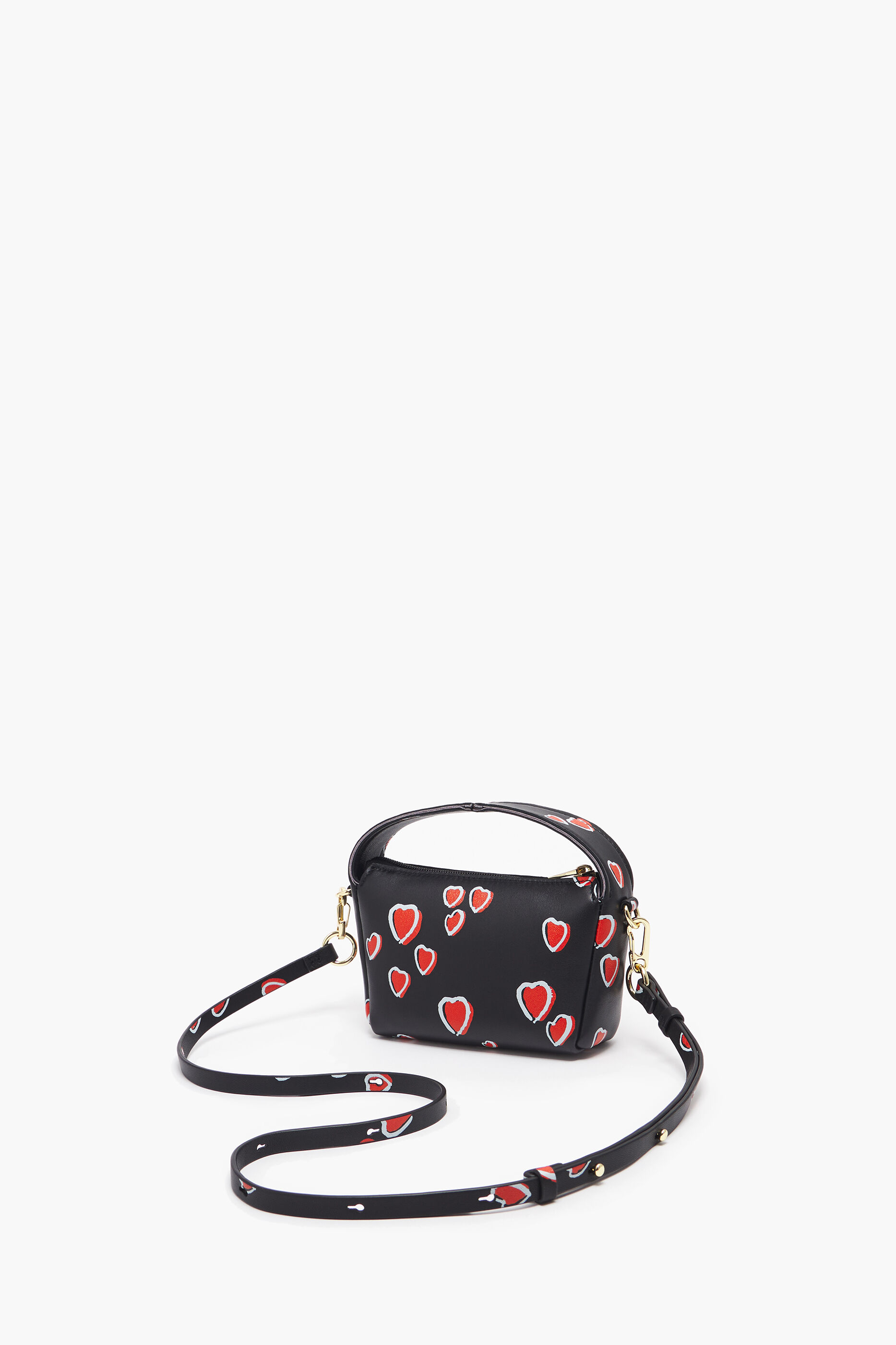 Bolsa hobo de couro tamanho XS com estampa de pequenos corações, preta.