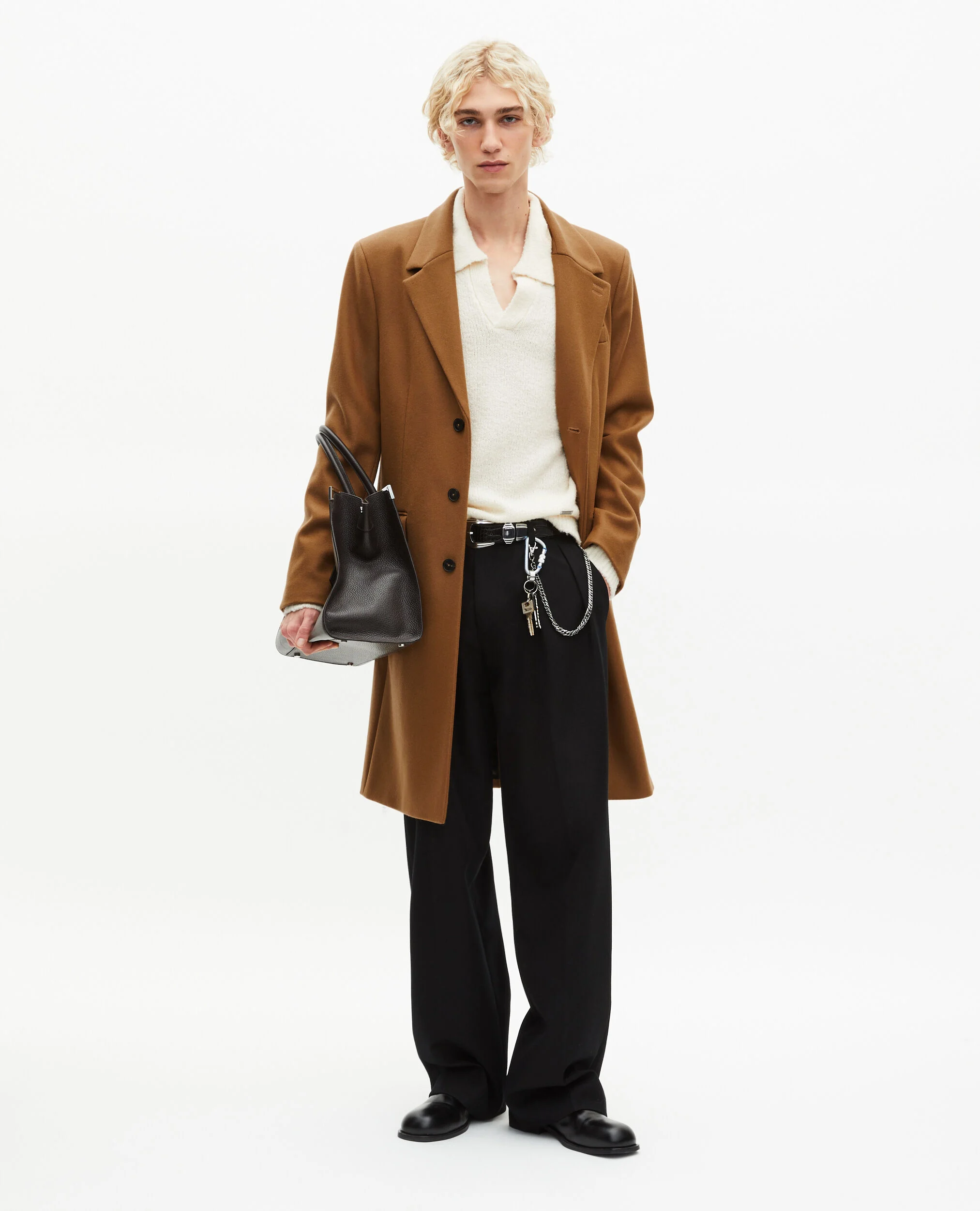 Manteau en laine col revers en cuir camel