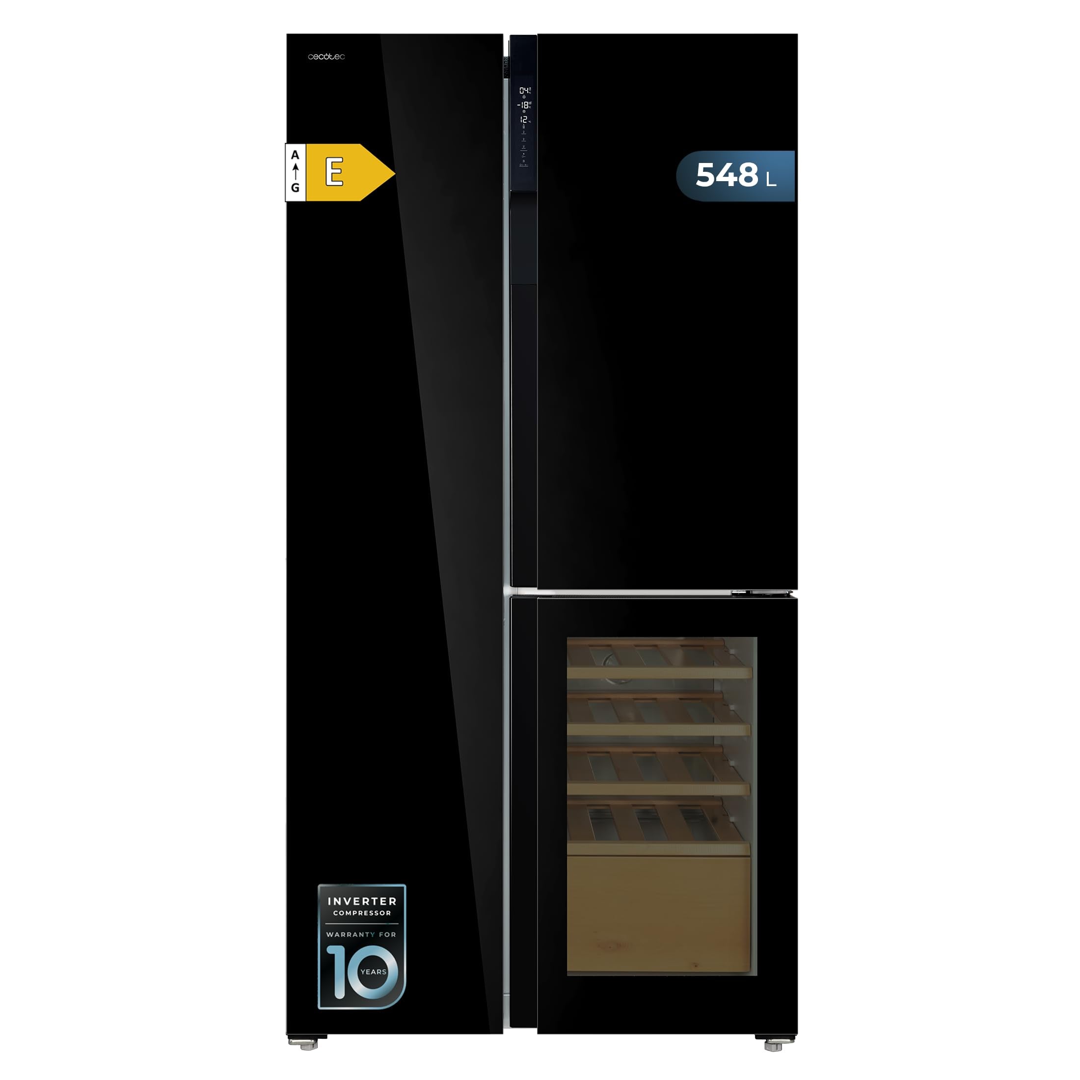 Cecotec Réfrigérateur 3 Portes Bolero CoolMarket TDW 548 Black Glass E, Classe E, 548L, Design T Door, Compresseur Inverter Plus, Total No Frost, Meta