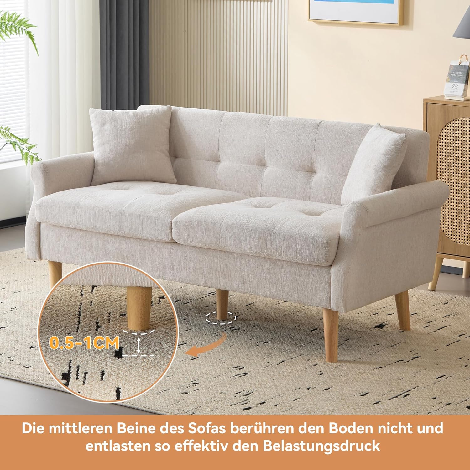 Merax 2 Sitzer Sofa Klein Couch, 162 cm Polstersofa aus Chenille-Stoff Modern Mini Sofa mit dicken Kissen, massiven Holzsofalegs, Doppelsofa für Wohnzimmer/Schlafzimmer/Wohnung, Beige