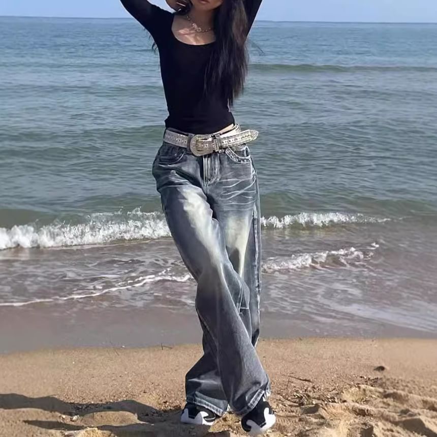 Jerolenea - Mid Rise Washed Wide Leg Jeans
