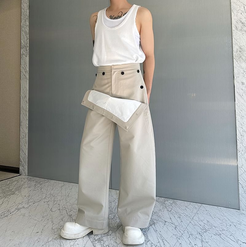 Freehop - High Waist Mock Two-Piece Plain Wide Leg Pants