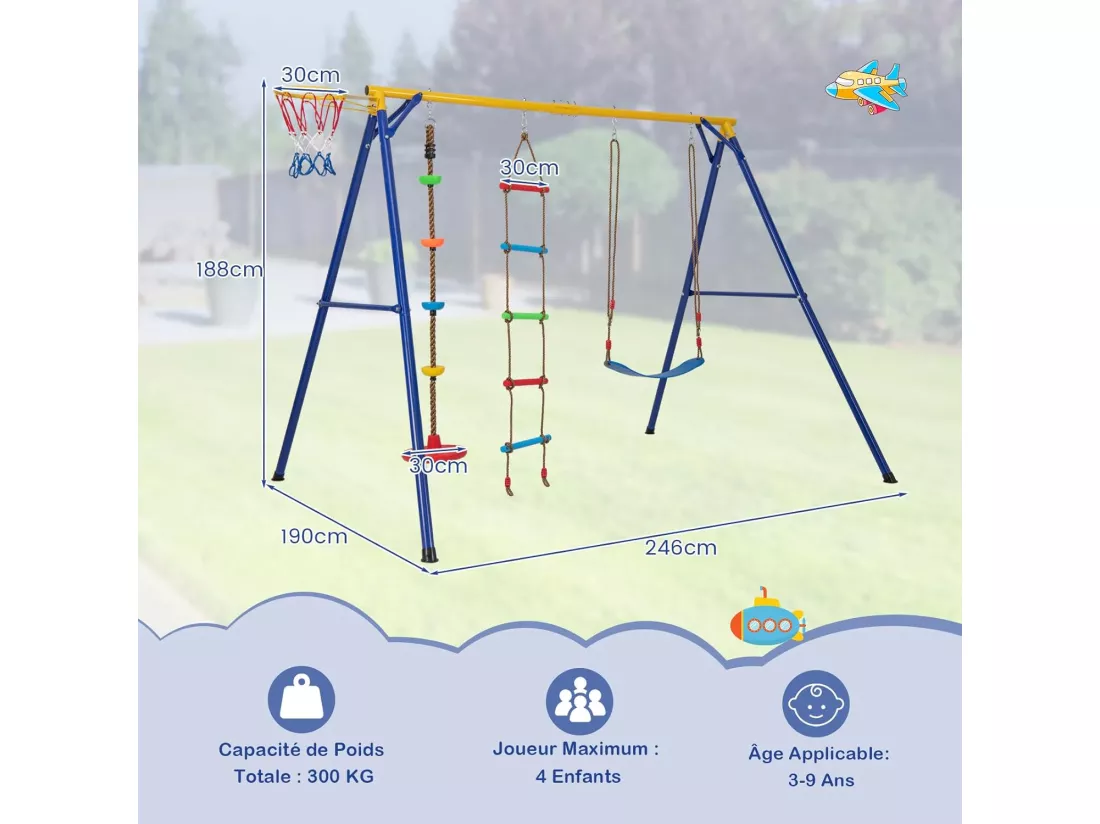 4 en 1 Balançoire Enfants avec Panier de Basket & Échelle d'escalade & Disque, Balançoire en U avec Corde Réglable(95-119cm), Charge 300kg pour 4 Enfants de 3-9 Ans…