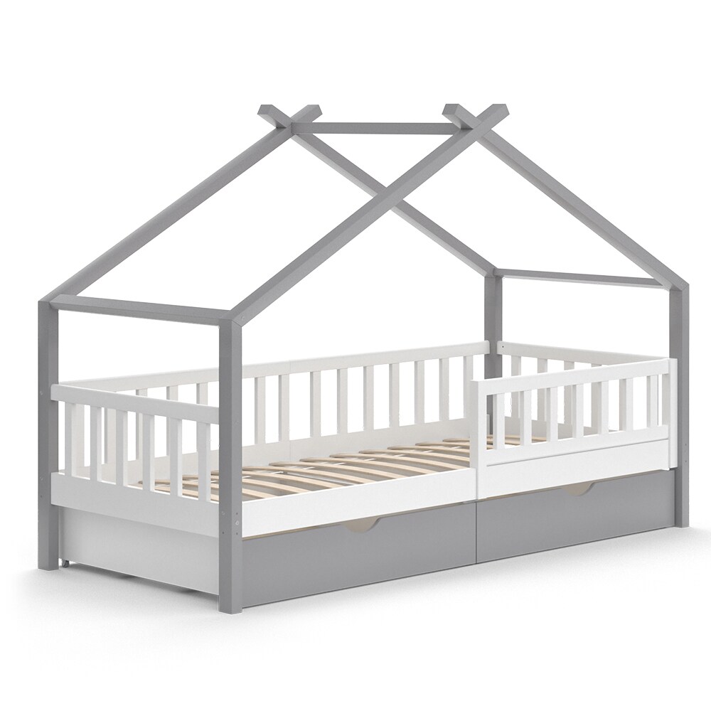 VitaliSpa Kinderbett Hausbett Einzelbett Design Weiß Grau modern 90x200 cm Kinderzimmer Bett Massivholz Lattenrost Schublade Rausfallschutz Schubladenbett
