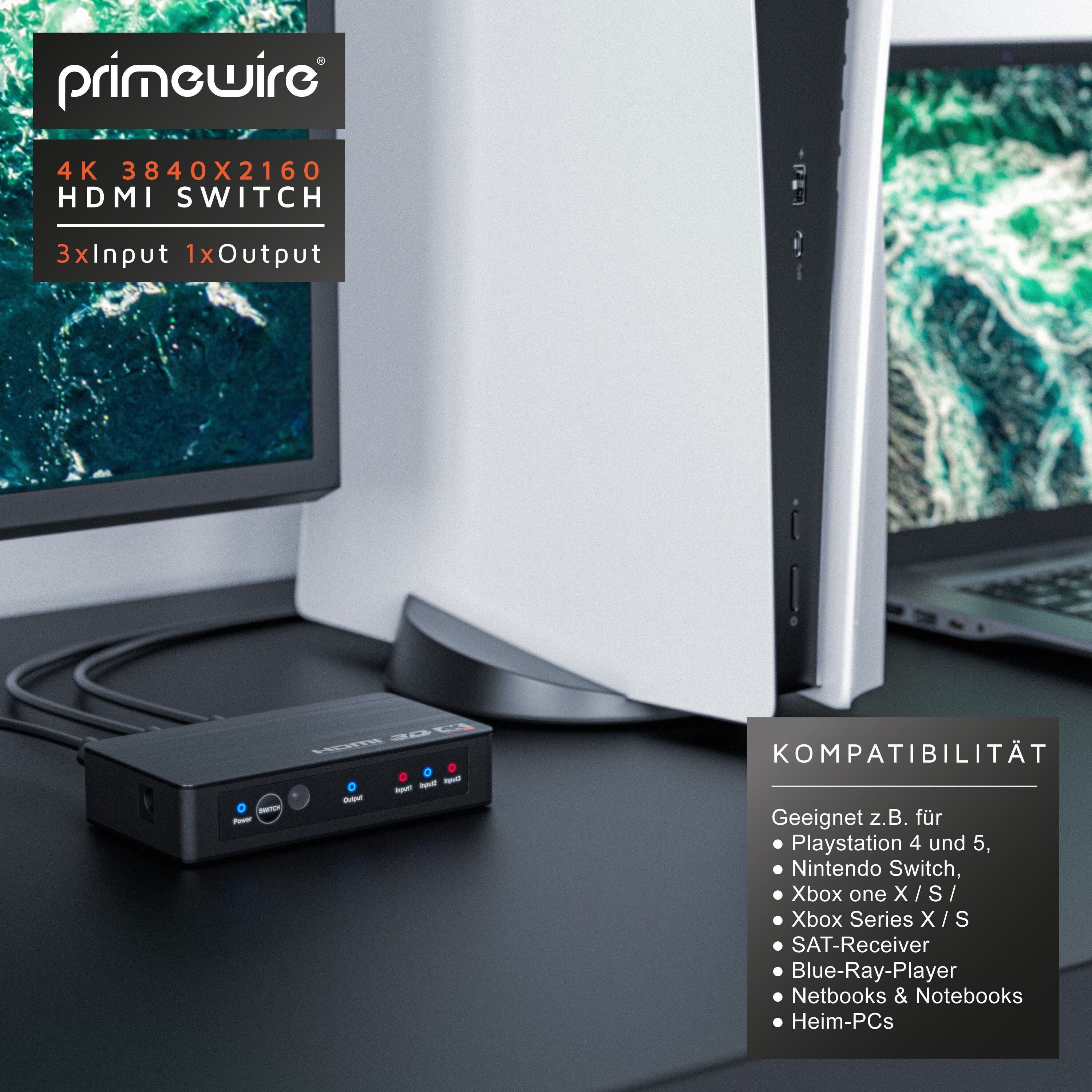 Primewire HDMI 2.0b Verteiler 4k 60Hz UHD, 3 Port, Fernbedienung, Netzteil