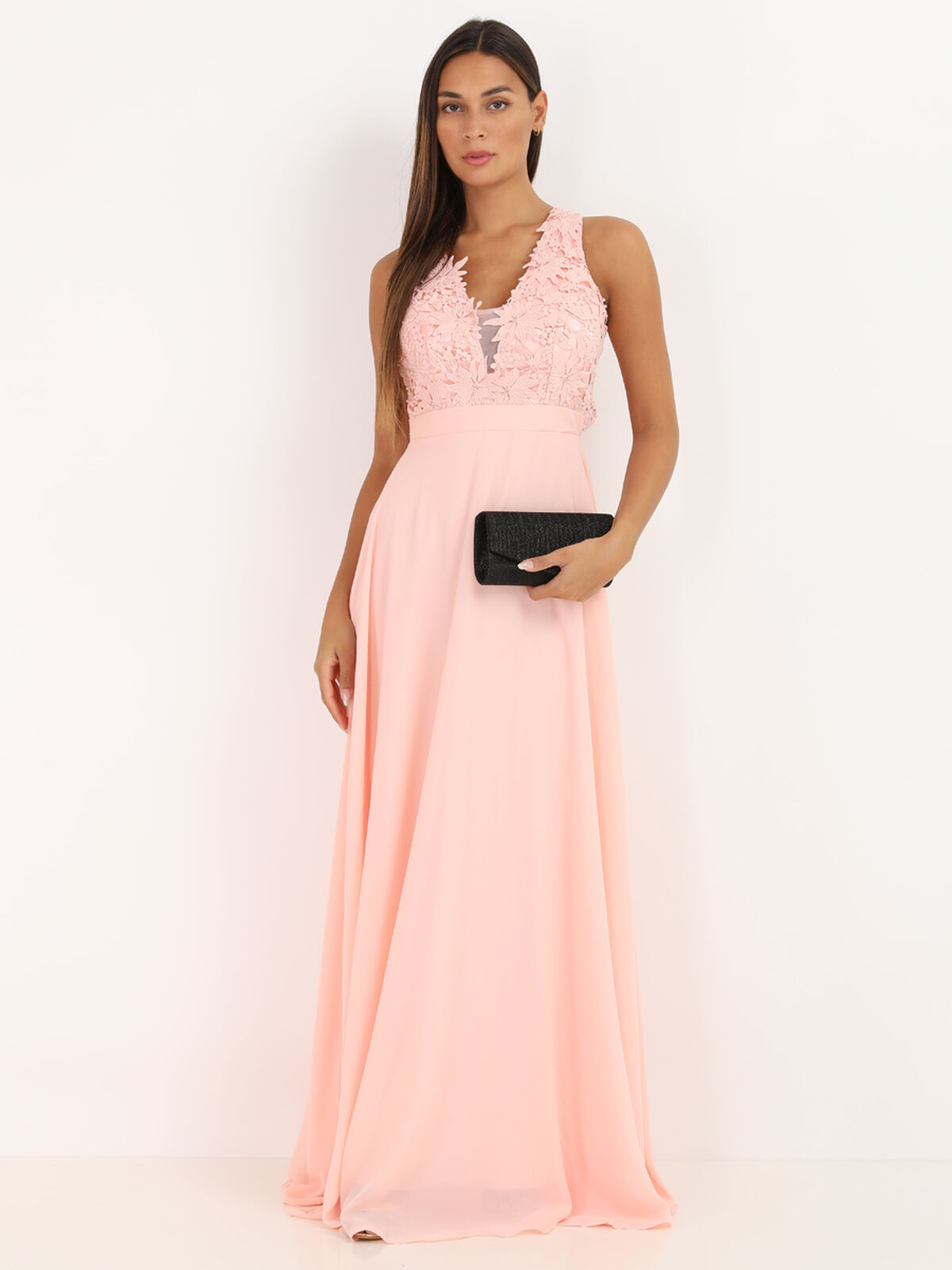 Robe longue à broderies fleuries- Rose