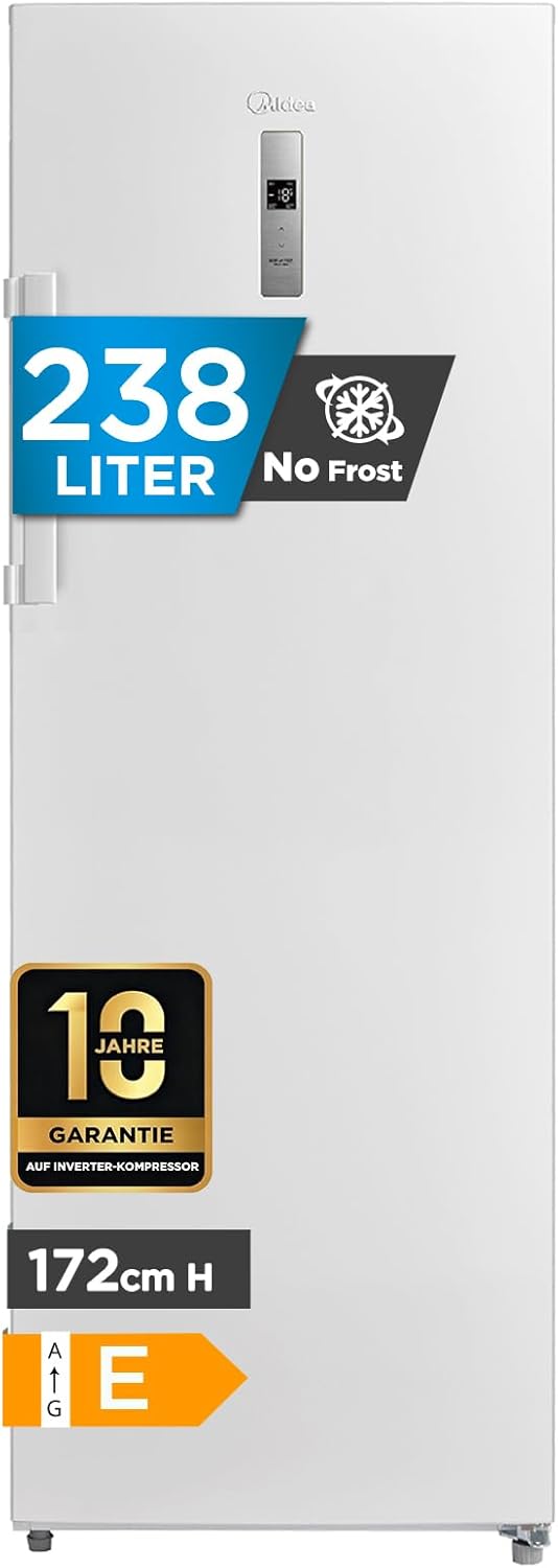 Midea MDRU333FZE01 Gefrierschrank/Kühlschrank/172,2 cm hoch/NoFrost/Flexible Kühl- und Gefrierfunktion/Superkühl/238L/Große Fächer/Zero Clearance/Easy Open Handgriff/Wechselbarer Türanschlag/Weiß