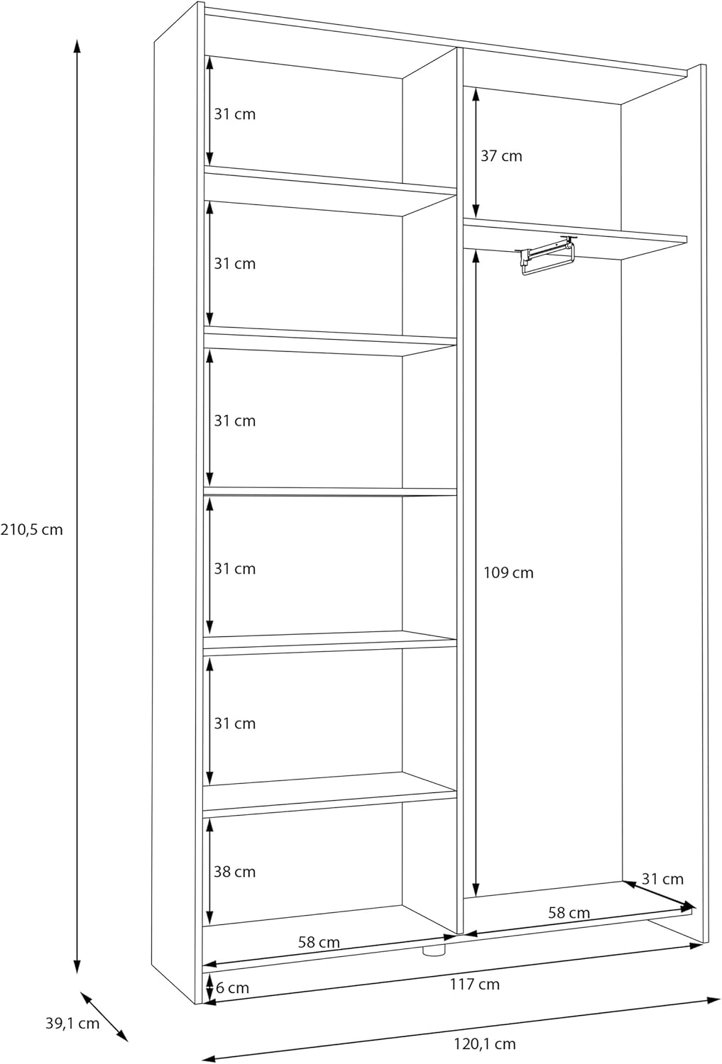 Forte Home Nook Mehrzweckschrank 120 40, moderner Schwebetürenschrank mit 2 Türen, Flur, Holzwerkstoff, Weiß, 120,1 cm breit x 210 cm hoch x 39,1 cm tief