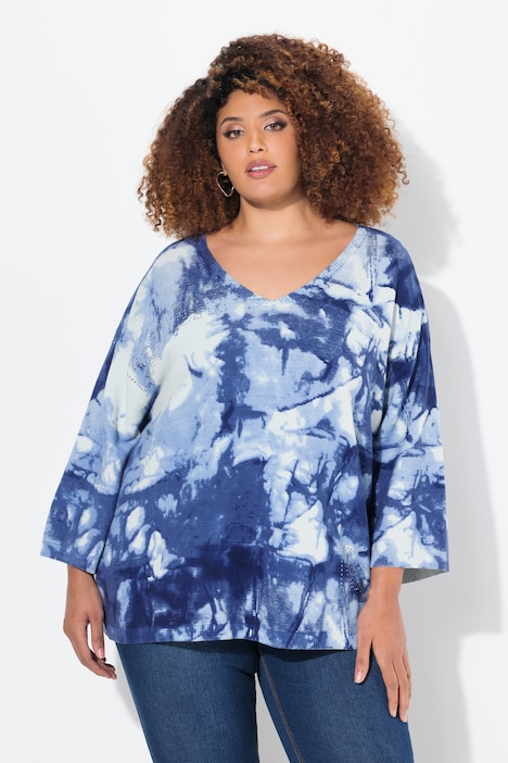 Pullover, Batikdruck, Ziersteine, V-Ausschnitt, 3/4-Arm