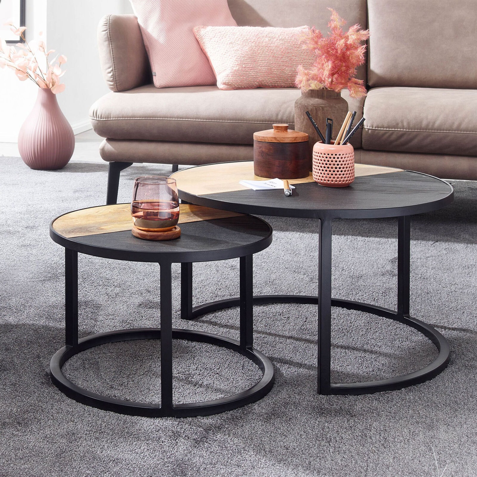 CASAVANTI Couchtisch rund 2er Set Schwarz/ Gesteinsoptik