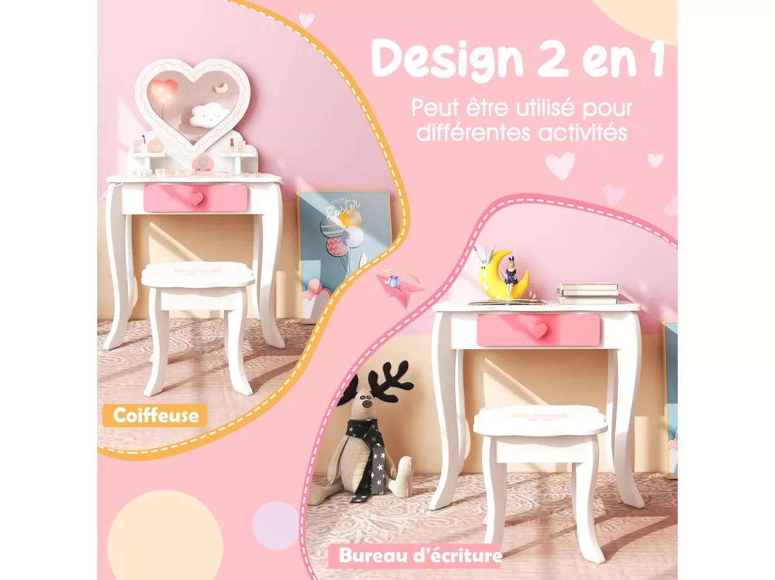 2 en 1 Coiffeuse Enfants avec Tabouret & Miroir Amovible en Forme Cœur, Table de Maquillage Princesse avec 10 Jouets d'Habillage, Tiroir Pratique, Charge 50kg pour Enfants de 3 Ans+