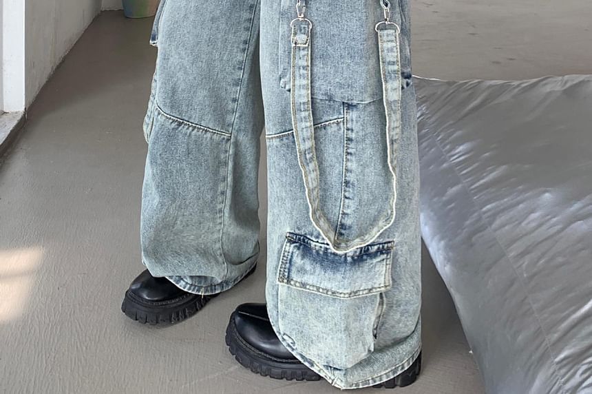 Kenning - Mid Rise Washed Wide Leg Cargo Jeans
