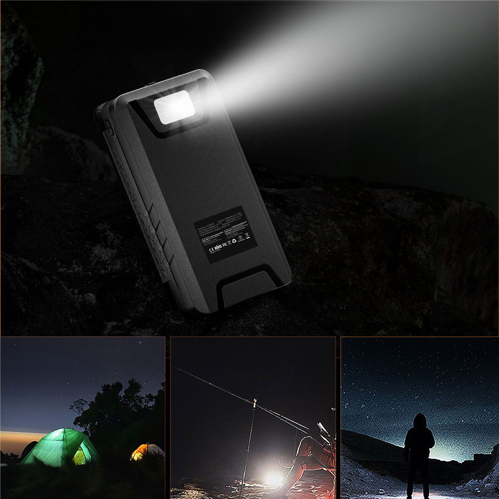 (20000mAh) Dual USB A / USB C Solar Powerbank Qi Wireless Ladegerät mit Taschenlampe (IP65) - Schwarz
