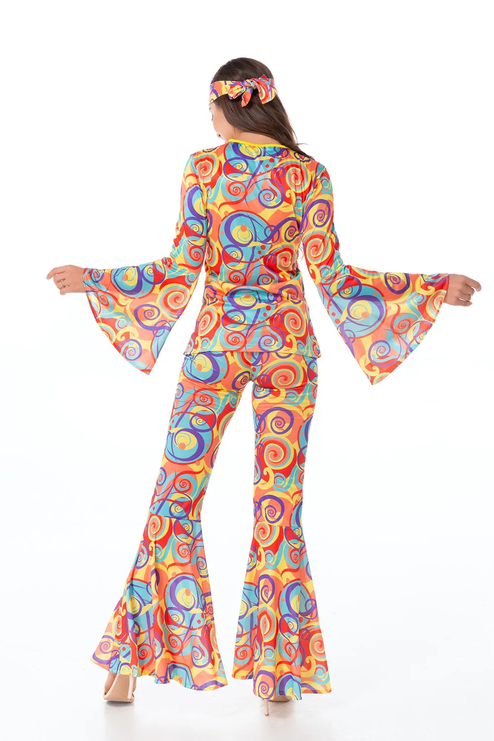 (165-170cm) Fasnachts Erwachsenen Kostüm Retro Hippie Anzug 70er Jahre Verkleidung für Motto Partys / Halloween inkl. Kopftuch - Bunt