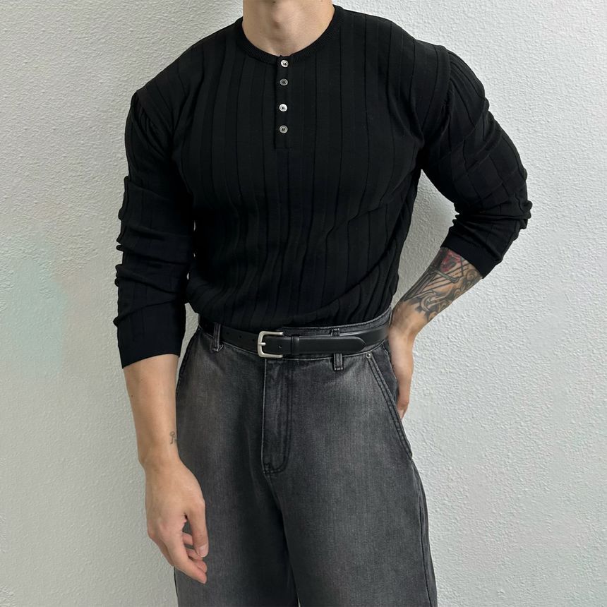 Okwano - Henley-top met lange mouwen en ronde hals, effen gebreid