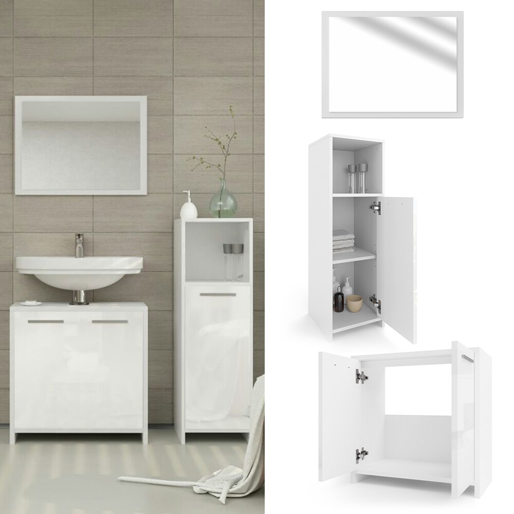 Vicco Badmöbel Set Kiko Badezimmer Spiegel Kommode Unterschrank Weiß / Weiß Hochglanz