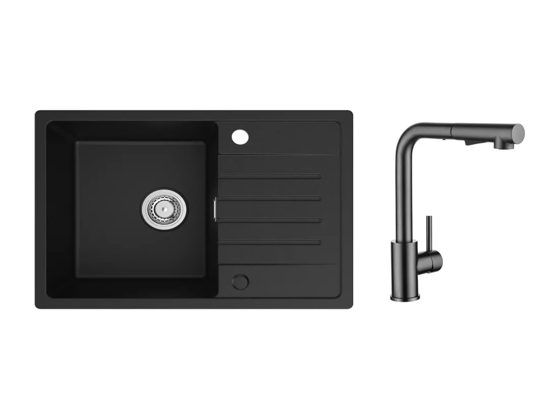 Evier 1 Bac en Quartz et Résine - Noir Evier avec Egouttoir 78x45cm + Mitigeur Cuisine Avec Douchette Extractible