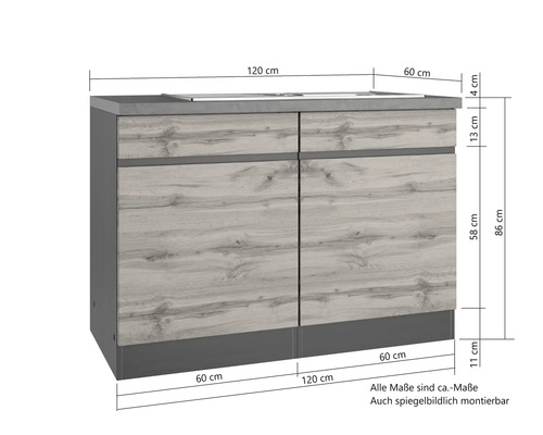 Held Furniture wastafelkast inclusief spoelbak PISA BxDxH 120x60x86 cm grijs mat gedemonteerd scharnier omkeerbaar (links of rechts te monteren)